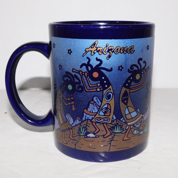 Vintage ARIZONA Kokopelli Flute Playing Dancing Blue Metallic Coffee Mug - Picture 1 of 7